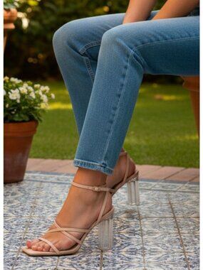 Strappy Nude Sandals With Clear Block Heels - Elegant & Versatile Design For Wom